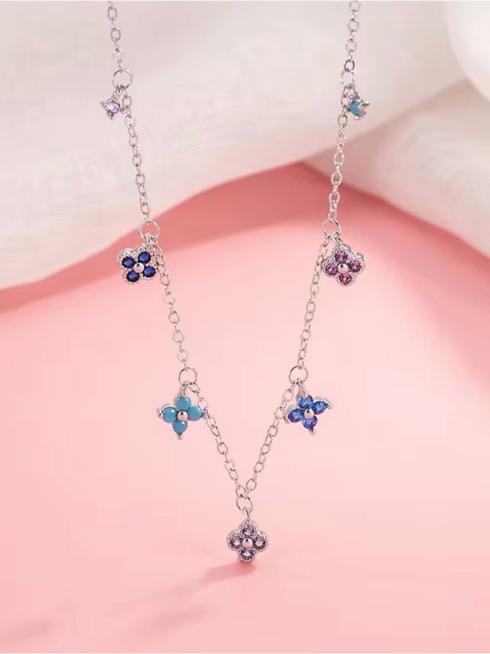 Multi-Color Flower Charm Necklace - Silver Chain